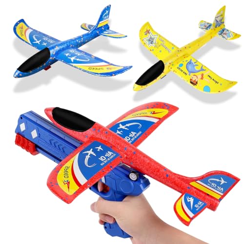 THMSLYN Kinder Flugzeug Spielzeug, Styroporflieger Wurfgleiter mit Katapult Pistole und Aufkleber, Flugzeug Styropor Outdoor Spiele, Gartenspielzeug Geschenk Jungen Mädchen ab 3 4 5 6 7 8 9 10 Jahre von THMSLYN