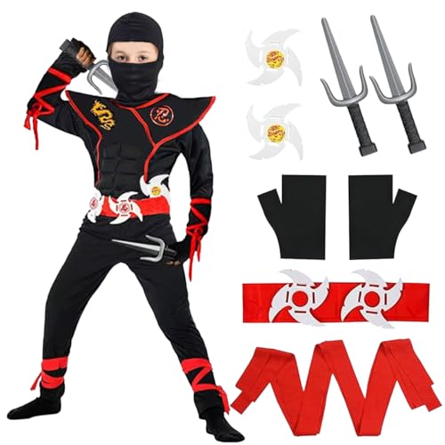 THMSLYN Ninja Kostüm Kinder, Jungen Ninja Cosplay Set, Ninja Kostüm Anzug, Ninja Muskel Kostüm mit Ninja Zubehör, Kinderkostüm Ninja Set Junge & Mädchen, Cosplay Ninja Kostüm für Halloween Karneval von THMSLYN