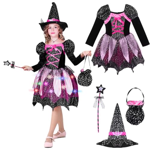 Hexenkostüm Mädchen, Hexe Kinderkostüm mit Lichter, LED Hexenkleid Kinder mit Hexenhut, Beutel und Zauberstab, Leuchtende Hexenkostüm, Zauberer Verkleiden Cosplay Kostüm für Halloween Karneval von THMSLYN