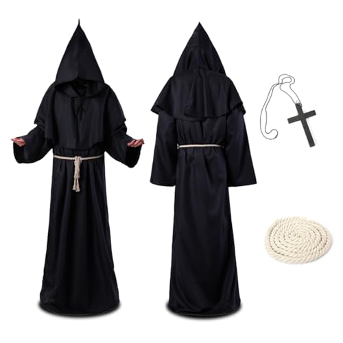 THMSLYN Mönch Robe Kostüm, Priester Robe Kostüm, Mittelalterliche Robe mit Kapuze, Priester Gewand Kostüm mit Kapuze, Mittelalterliche Kapuze Renaissance Robe für Mottoparty, Halloween, Karneval von THMSLYN