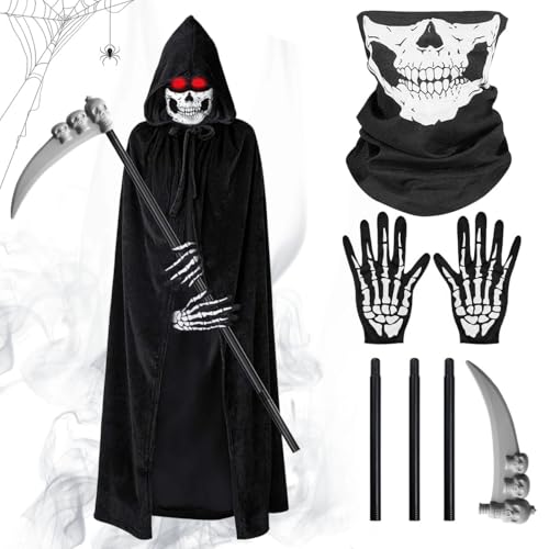 THMSLYN Halloween Sensenmann Kostüm, 4 Pcs Sensenmann Kostüm Kinder, Sensemann Umhang Set mit Schädelmaske, Sense, Skelett Handschuhe, Kinderkostüm Reaper für Karneval Cosplay Horror Party von THMSLYN