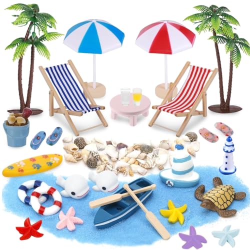 31 Stück Strand-Mikrolandschaft, Mini Stranddekorationen, Miniliegestuhl Strandkorb Sonnenschirm Kleine Palme Deko Accessoires, Miniatur-Ornament-Set für DIY Garten Dekoration und Geschenk von THMSLYN