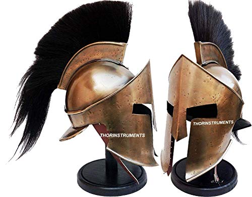 Mittelalterlicher Rüstung König Leonidas Griechischer Spartaner 300 Römerhelm mit schwarzem Holzständer Schwarze Feder Rustikale Vintage Wohnkultur Geschenke von THOR INSTRUMENTS