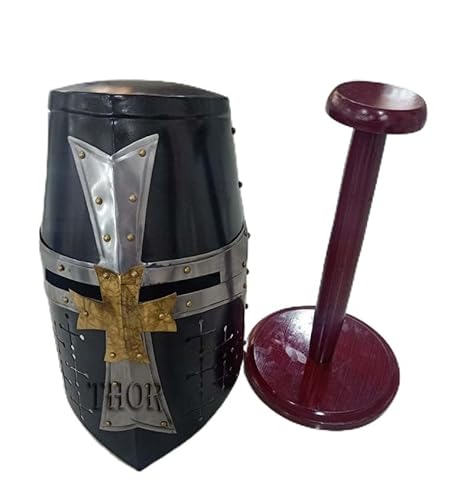 THOR INSTRUMENTS Mittelalterlicher Tempelkreuzritter Ritter Rüstung Helm mit Holzständer Griechisch Römer Spartan Rüstung Zubehör Tragbar für Erwachsene Kostüme von THOR INSTRUMENTS