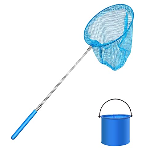 THT 1 Stück Teleskop-Schmetterlingsnetz with 1PCS Faltbarer Eimer für Kinder, Fischernetz, Teichnetz, ausziehbar, Fangen von Insekten, kleinen Fischen, Outdoor, Strand, Garten Aktivitäten (Blau) von THT