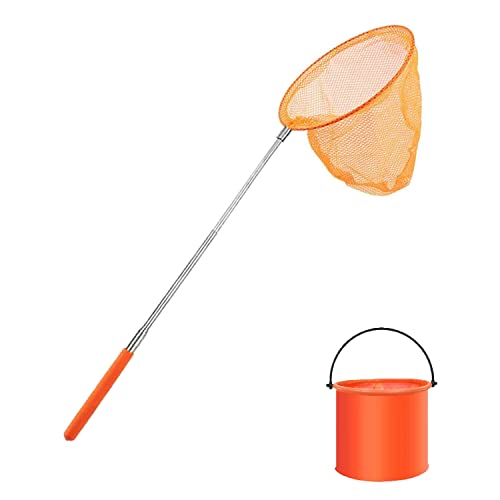 THT 1 Stück Teleskop-Schmetterlingsnetz with 1PCS Faltbarer Eimer für Kinder, Fischernetz, Teichnetz, ausziehbar, Fangen von Insekten, kleinen Fischen, Outdoor, Strand, Garten Aktivitäten (Orange) von THT