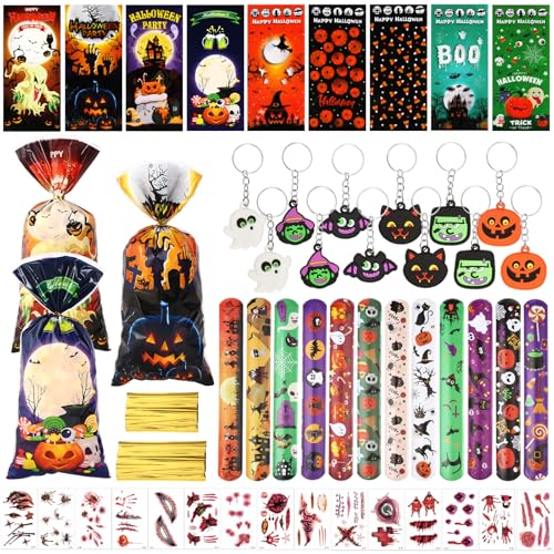 TIANCONGYUN 239 Stück Halloween Tüten Set, 9 Stiles Halloween SüßIgkeiten Tasche mit Twist Krawatten, Schnapparmband, SchlüSselschnalle, Aufkleber, Süßigkeiten Tüten Für Halloween Mania von TIANCONGYUN