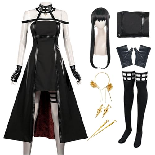 TIANDING Yor Forger Cosplay-Kostüm mit Perücke, Halloween, schwarzes Kleid, komplettes Set, Anime-Kostüm (schwarz + Perücke, L) von TIANDING