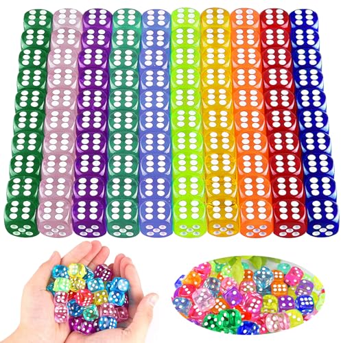 100 Stück Würfel Set 14mm 6 Seitlich Spiel Würfel 10 Transparente Farbe Spiel Würfel Acryl Transparent Würfel Set für Brettspiel, Math Game Party Favor, Familienfeier von TIANHOO