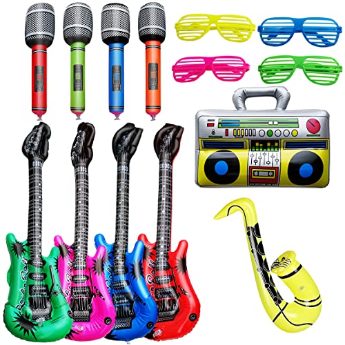 Aufblasbare Musikinstrumente Kinder,14 Stück Aufblasbare Instrumente,Aufblasbare Gitarre Saxophon Mikrofon Ballons, Rock Star Ballons Party Dekoration Props für Kinder,Aufblasbare Party Props von TIANJZSUN