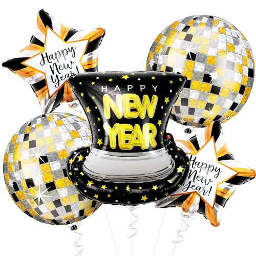 Silvester Ballons, 5pcs Folienballon Silvester, Deko Silvester 2025 Ballons, Happy New Year Balloons, Helium Ballon Silvester, Frohes Neues Jahr-Dekoration, Silvester-Dekorationsset(Hut) von TIANLUD