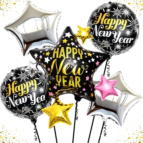 Silvester Ballons, 5pcs Folienballon Silvester, Deko Silvester 2025 Ballons, Happy New Year Balloons, Helium Ballon Silvester, Frohes Neues Jahr-Dekoration, Silvester-Dekorationsset(Silber) von TIANLUD