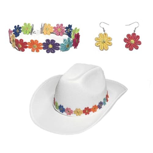 TIANQUXNGI 3-teiliges Set mit aufgerollten Krempen, Hut und baumelnden Ohrringen + Blumen-Choker-Set für Damen, Karneval, Fotografie, Sonnenaufschlag von TIANQUXNGI