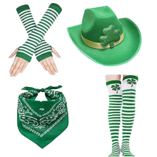 TIANQUXNGI Irisches Festival-Set, grünes Kleeblatt, Hut, Bandana, Socken, Handschuhe, Outfit-Set für StPatricks-Feier, 4-teilig von TIANQUXNGI