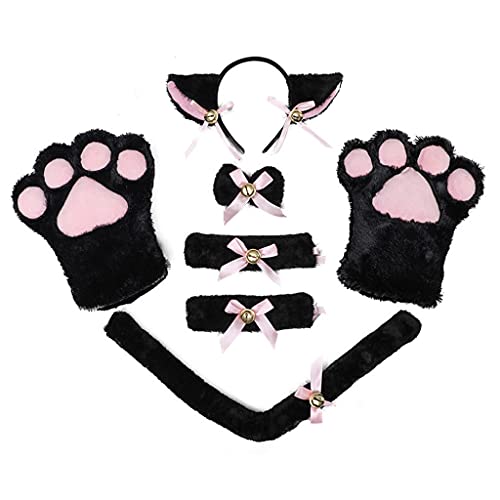 TIANQUXNGI Mädchen Anime für Ohren, pelziges Stirnband-Set, Schwanzpfoten, Handschuhe, Glocken, Schleifen, schmücken Halloween, Cosplay-Kostüm von TIANQUXNGI