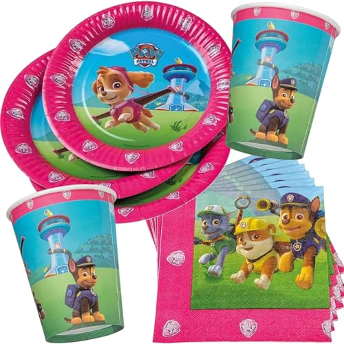 TIB Heyne 33-TLG. Partyset * Skye - PAW Patrol* für Kindergeburtstag mit Teller + Becher + Servietten + Deko | Kinder Geburtstag Set Hunde Mottoparty Mädchen Pink von TIB Heyne