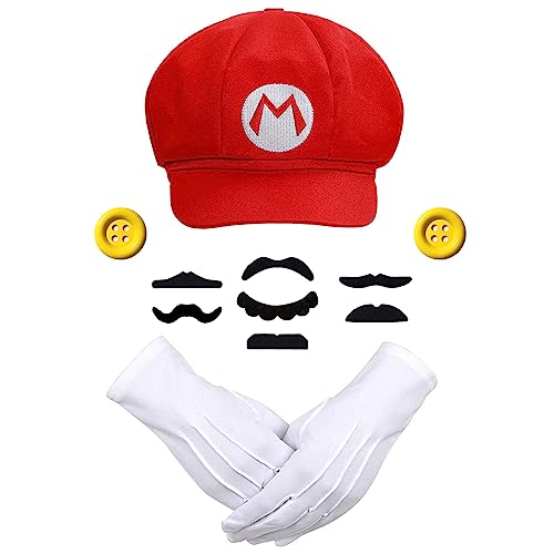 TIDAXU Super Brothers Mario-Kappe mit Bart und Handschuhen, Halloween-Cosplay-Kostüm für Kinder, Rot von TIDAXU