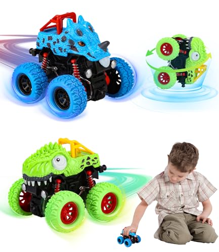 TIDEVAN 2 Stück Monster Trucks Spielzeug Monstertruck Kinder Dinosaurier Auto Dinosaurier Spielzeugauto Reibungsbetriebene Rennwagen Zurückziehen, 360 Grad Rotierende Geschenke für 3-10 Jahre Kinder von TIDEVAN