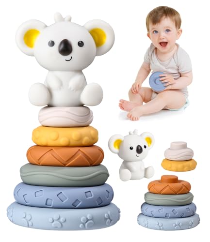 TIDEVAN 7 Stück Stapelspielzeug,Baby Stapelspielzeug mit Ringen Stapelturm für Stapelspiel Koala Früherziehung Spielzeug Geschenke Squeeze Zahnen Babyspielzeug Sensorik Babyspielzeug ab 6 12 18 Monate von TIDEVAN