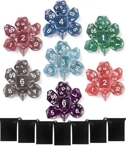 TIDEVAN Polyedrische Würfel,49 Stück Polyedrische Würfel Set Polyedrische RPG Würfel Würfel Tischspiele mit 7 Schwarze Kordelzugbeutel für DND MPG MTG Dungeons D20 D12 D10 D8 D6 D4(Glänzend) von TIDEVAN