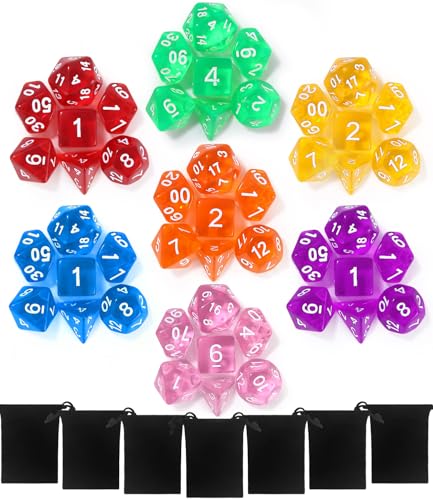 TIDEVAN Polyedrische Würfel,49 Stück Polyedrische Würfel Set Polyedrische RPG Würfel Würfel Tischspiele mit 7 Schwarze Kordelzugbeutel für DND MPG MTG Dungeons D20 D12 D10 D8 D6 D4(Transparent) von TIDEVAN