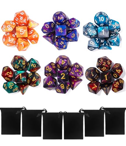 TIDEVAN Polyedrische Würfel,7 x 6(42 Stück) Polyedrische Würfel Set Polyedrische RPG Würfel Würfel Tischspiele mit 6 Schwarze Kordelzugbeutel,für DND MPG MTG Dungeons und Dragons W20 W12 W10 W8 W6 W4 von TIDEVAN