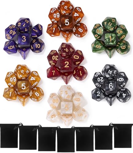 TIDEVAN Polyedrische Würfel,7 x 7(49 Stück) Polyedrische Würfel Set Polyedrische RPG Würfel Würfel Tischspiele mit 7 Schwarze Kordelzugbeutel,für DND MPG MTG Dungeons und Dragons D20 D12 D10 D8 D6 D4 von TIDEVAN