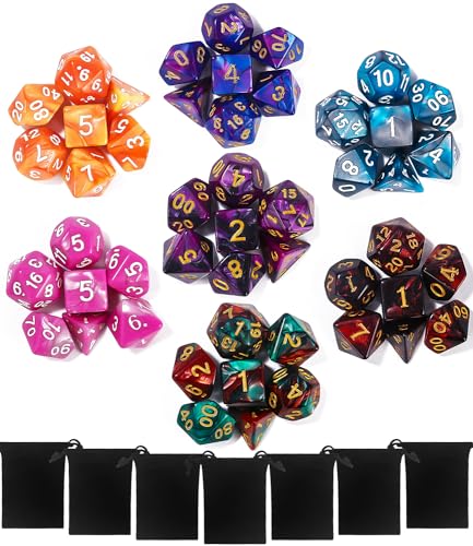 TIDEVAN Polyedrische Würfel,7 x 7(49 Stück) Polyedrische Würfel Set Polyedrische RPG Würfel Würfel Tischspiele mit 7 Schwarze Kordelzugbeutel,für DND MPG MTG Dungeons und Dragons W20 W12 W10 W8 W6 W4 von TIDEVAN