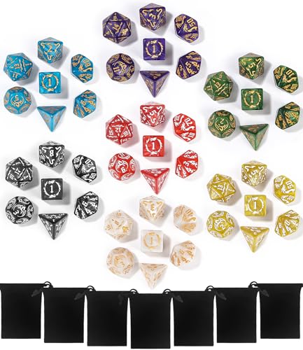 TIDEVAN Polyedrische Würfel Set,7 x 7(49 Stück) Polyedrische Würfel,Würfel Set mit 7 Schwarze Kordelzugbeutel Polyedrischer Spielwürfel für DND MPG MTG Dungeons und Dragons D20 D12 D10 D8 D6 und D4 von TIDEVAN