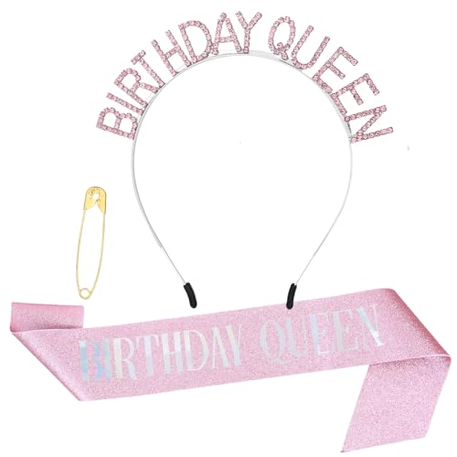 TIESOME Geburtstagskrone Geburtstagsschärpe, Kristall Tiara Geburtstag Krone Queen Schärpe mit Birthday Queen Happy Birthday Zubehör für Frauen Feiern Party Abschlussball(Rosa) von TIESOME