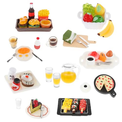 TIESOME Miniatur Essen und Trinken, 1:12 Puppenhaus, 50 teiliges Harz Lebensmittel Spielzeug Set Puppenzubehör Spielgeschirr Mini Küche kleine Kuchendekoration für Jungen Mini Getränke Essen Party von TIESOME