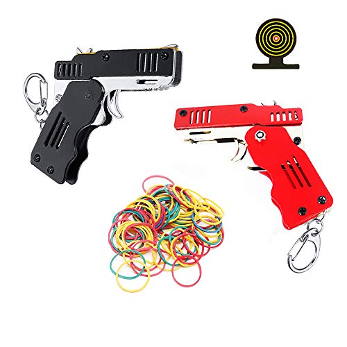 2 Stück Gummibandpistole Spielzeug Easy Load Faltbare handgefertigte Spielzeugpistole Mini Metallgummipistole mit Schlüsselbund und 200 elastischen Gummibändern von TIETHEKNOT