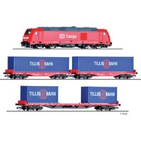 TILLIG 01445 TT Einsteiger-Set: Güterzug aus Diesellokomotive „TRAXX“, zwei Flachwagen und einem Containertragwagen, DB AG, Ep. VI von TILLIG