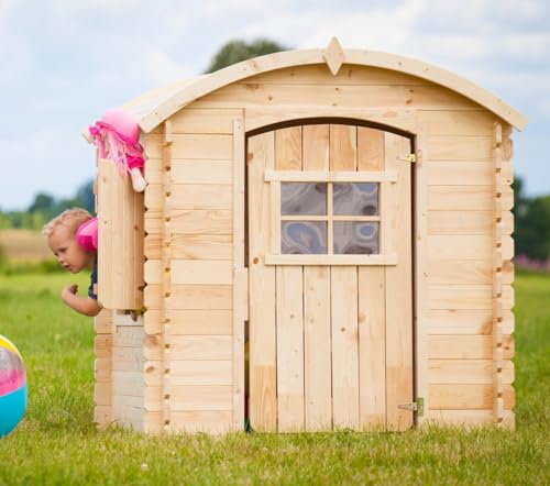 Timbela Kinderspielhaus aus Holz MIT BÖDEN - Spielhaus im Freien für Kinder - B112xL146xH145 cm/1,1m2 Gartenspielhaus - Garten-Sommerhaus für Kinder M505 von TIMBELA