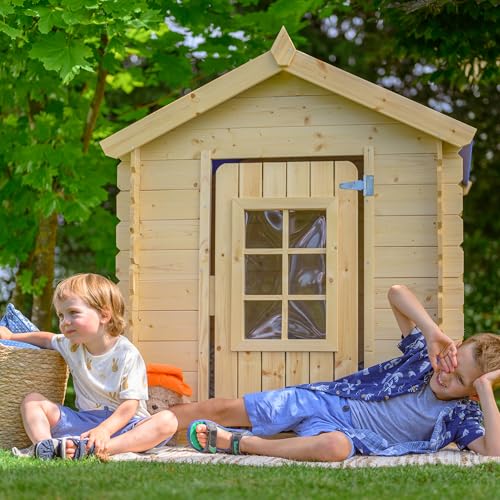 Timbela M570Z-1 Kinderspielhaus aus Holz - Spielhaus im Freien für Kinder - 111x113xH121 cm/0.9 m2 Gartenspielhaus - Garten-Sommerhaus für Kinder (Die Dachfarbe ist grün) von TIMBELA