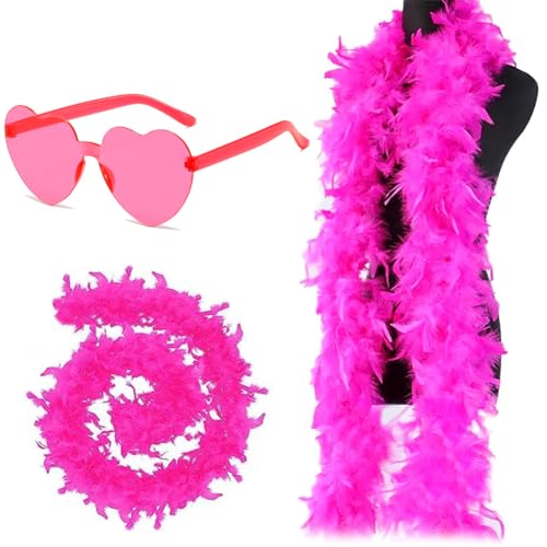 Federboa, 2M Feder Boas Flauschige Feder Boa Pute Federn Schal für Damen Federn für Frauen Federboa und herzförmiger Brille Kostüm zubehör für Karneval Party, Bühnenshows, Kostüm Party(Rose Rot) von TIMVLETI