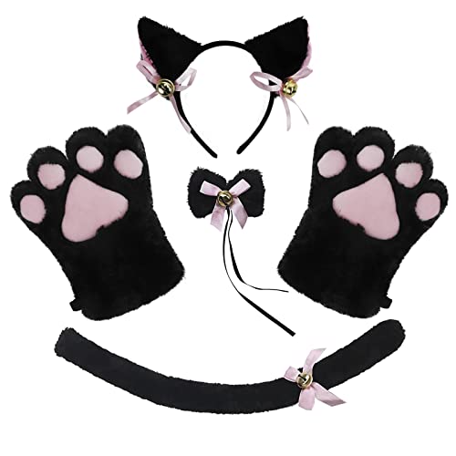 Damen Kinder Süßes Katzen-Cosplay Set Katze Stirnband Plüsch Katzenpfote Katzenschwanz mit Schleife kleine Fliege Anime-Lolita-Kostüm Foto Requisiten für Halloween, Karneval, Maskerade, Mottoparty von TINAYAUE