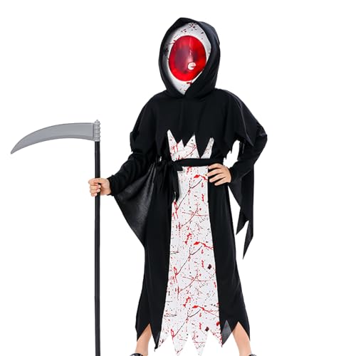 Kinder Sensemann Kostüm mit Sense Atmungsaktives Sensemann Kostüm Set Halloween Rollenspiel Set Gruseliger Teufel Kostüm Mysteriöse Vampirkostüme für Karneval, Halloween, Cosplay, Kostümparty von TINAYAUE