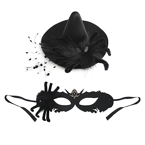 TINAYAUE Prinzessin Maske Vintage Hut Set Schmetterling Skelett Handknochen Masken Spinnenmaske Schwarzer Schädel Spinnen Zaubererhut Haarspange Schön Halbgesichts Maske für Halloween, Karneval von TINAYAUE