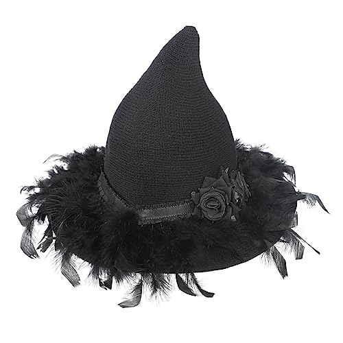 TINAYAUE Damen Hexenhut mit Federspitze Weiche Wolle stricken Hexen Hut Mädchen faltbar Zaubererhut mit Rosen Breite Krempe Wolle Strickmütze für Halloween, Karneval, Maskerade, Alltagskleidung von TINAYAUE