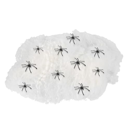 TINAYAUE Halloween Leuchtendes Spinnennetz mit 20 Spinnen Elastische Spinnwebe Realistische künstliche Spinnen Schreckliche hängende Dekorationen für Halloween, Themenpartys, Spukhäuser, Gruselszene von TINAYAUE