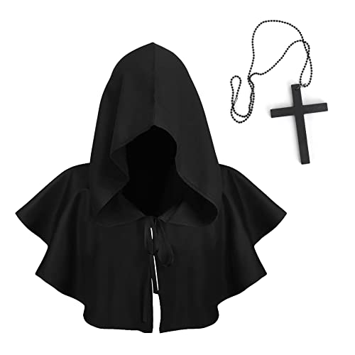 TINAYAUE Mittelalterliche Mönchskleidung Kreuzritter heidnische Kleidung Herren Damen Halloween-Umhang mit Kapuze Kreuz Magier Hexe kurzer Umhang für Karneval, Ostern, Cosplay, Mottopartys, Maskerade von TINAYAUE