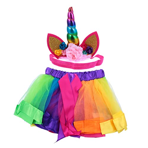 TINEASUR 1 Satz Einhorn-Regenbogen-Kleid Outfit für Mädchen Bühnenkostüm ausgefallener Tutu-Rock -Tutu-Kleid halloween costume halloween kleidung Einhorn-Haarband Gazerock Nylon von TINEASUR