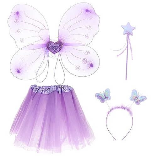 TINEASUR 1 Satz Schmetterlingsflügel Vierteiliges Set Feenkleid Dame Kleinkinderkleidung Für Mädchen Mädchen, Das Kleid Durchführt Märchenkostüm Kinder Dunkle Feenflügel Stoff Violett von TINEASUR