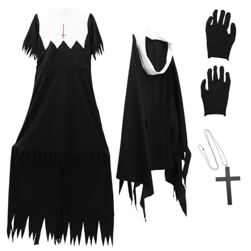 TINEASUR 1 Stück Halloween Nonnenkostü Für Erwachsene Gruselige Kostümparty Uniform Mit Kopfbedeckung Ideal Für Halloween Und Fasching Party Requisite Für Schaurige Anlässe von TINEASUR