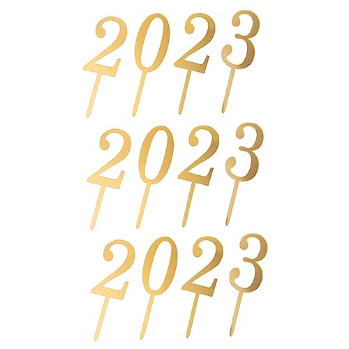 TINEASUR 3 Sätze 2023 Kucheneinsatz 2023 Kuchenpicks 2023 Neujahrsparty Dekoration new year cake topper party decoration Cupcake-Topper Abschlusstorte Picks Acryl Golden von TINEASUR