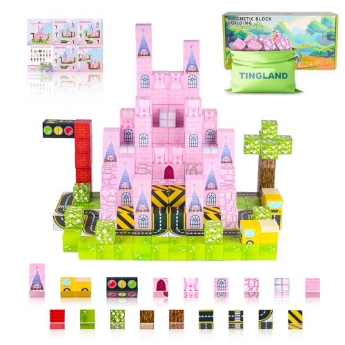 Magnetische Bausteine 96pcs Magnetwürfel Prinzessin Rosa Schloss Welt ,Spielzeug für 3+ Jahre alte Kinder , Montessori sensorische STEM Vorschule Kleinkind Spielzeug, Weihnachten Geschenke für Kinder von TINGLAND