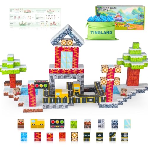 TINGLAND Magnetische Bausteine - 100 PCS Bau Mine Magnet Welt Straßentransport Edtion, Magnetische Fliesen Kleinkindspielzeug Outdoor Spielzeug für Kinder von TINGLAND