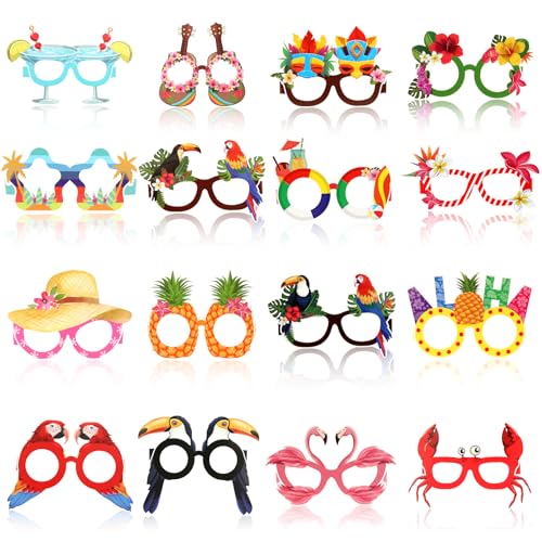 TINGTING 16 Stück Hawaiian Papierbrille, Papier Strand Party Brille Tropical Hawaiian Party Lustige Brillen Hawaiian Tropical Foto Requisiten für Kinder Erwachsene Dekoration Hawaii Kostüm Zubehör von TINGTING