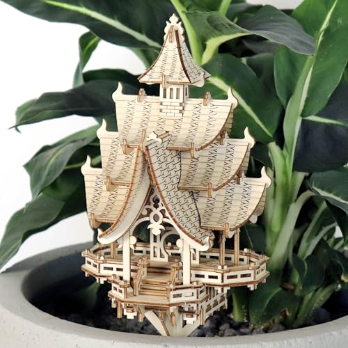 Temple of Joy 3D-Holzpuzzle für Erwachsene und Kinder, inklusive LED-Lichtern, Acrylpfahl und Montagewerkzeugen, DIY-Kit für Heim- oder Pflanzendekoration, 83 Teile (Batterie nicht im Lieferumfang von TINY TREE HOUSES